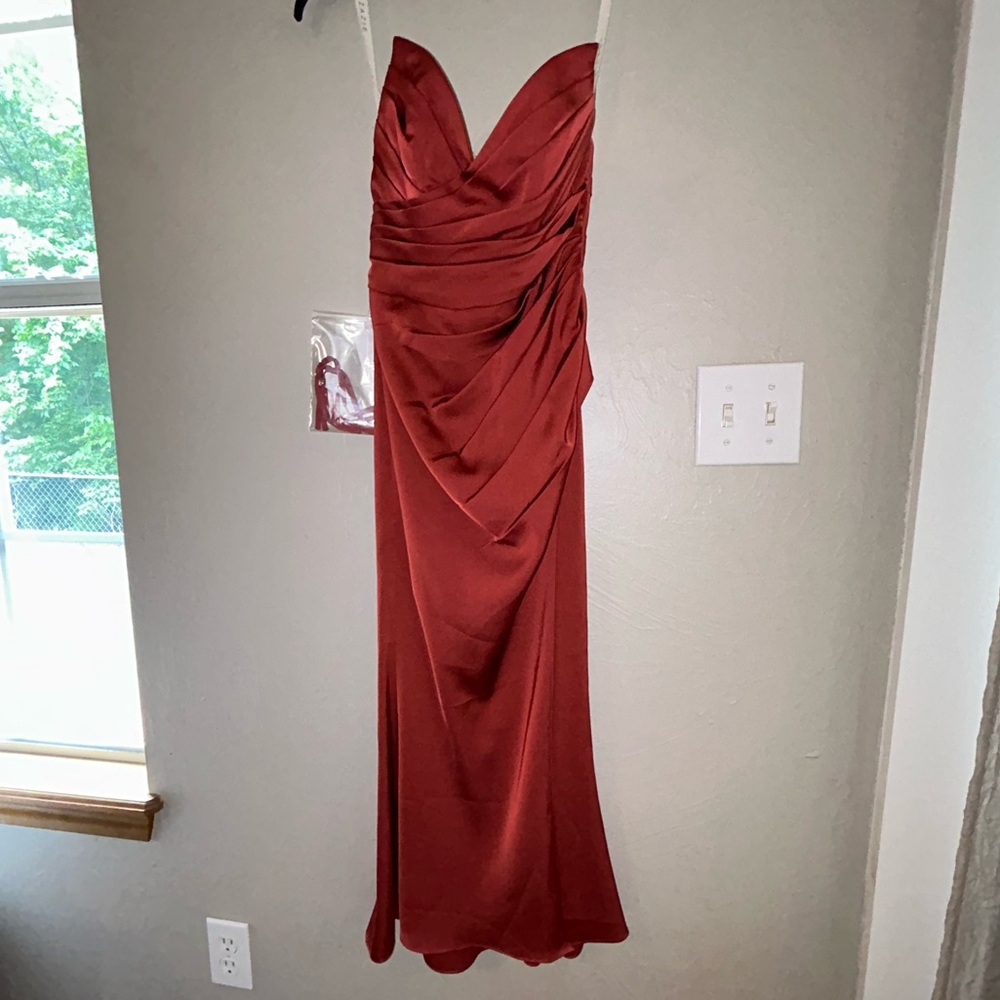 Azazie NWT Yola Stretch Satin Strapless bridesmaid / formal dress in terracotta